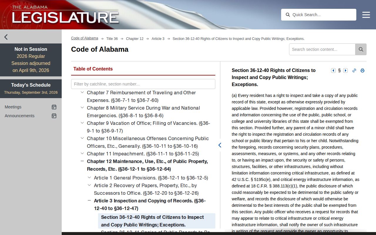 Alabama Legislature public records statute page