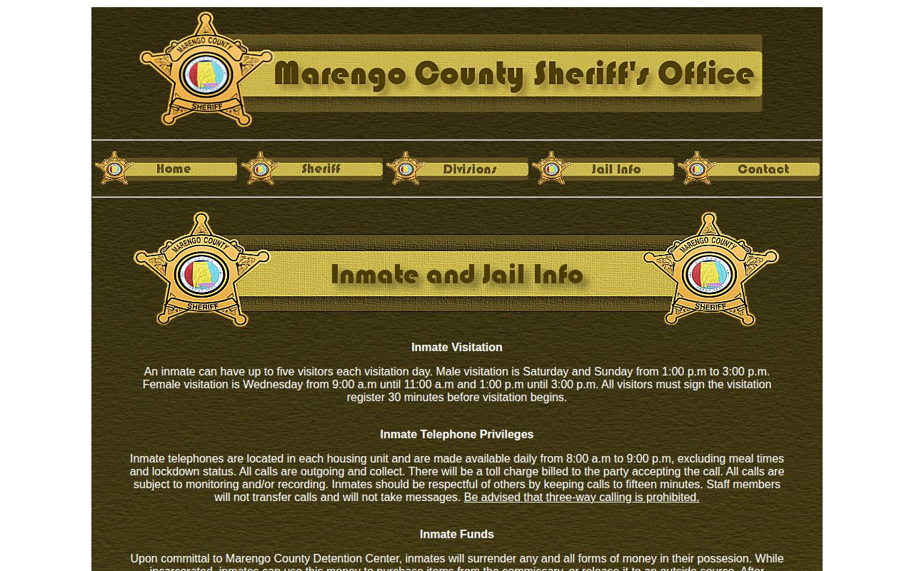 Marengo County sheriff jail information page with detention rules