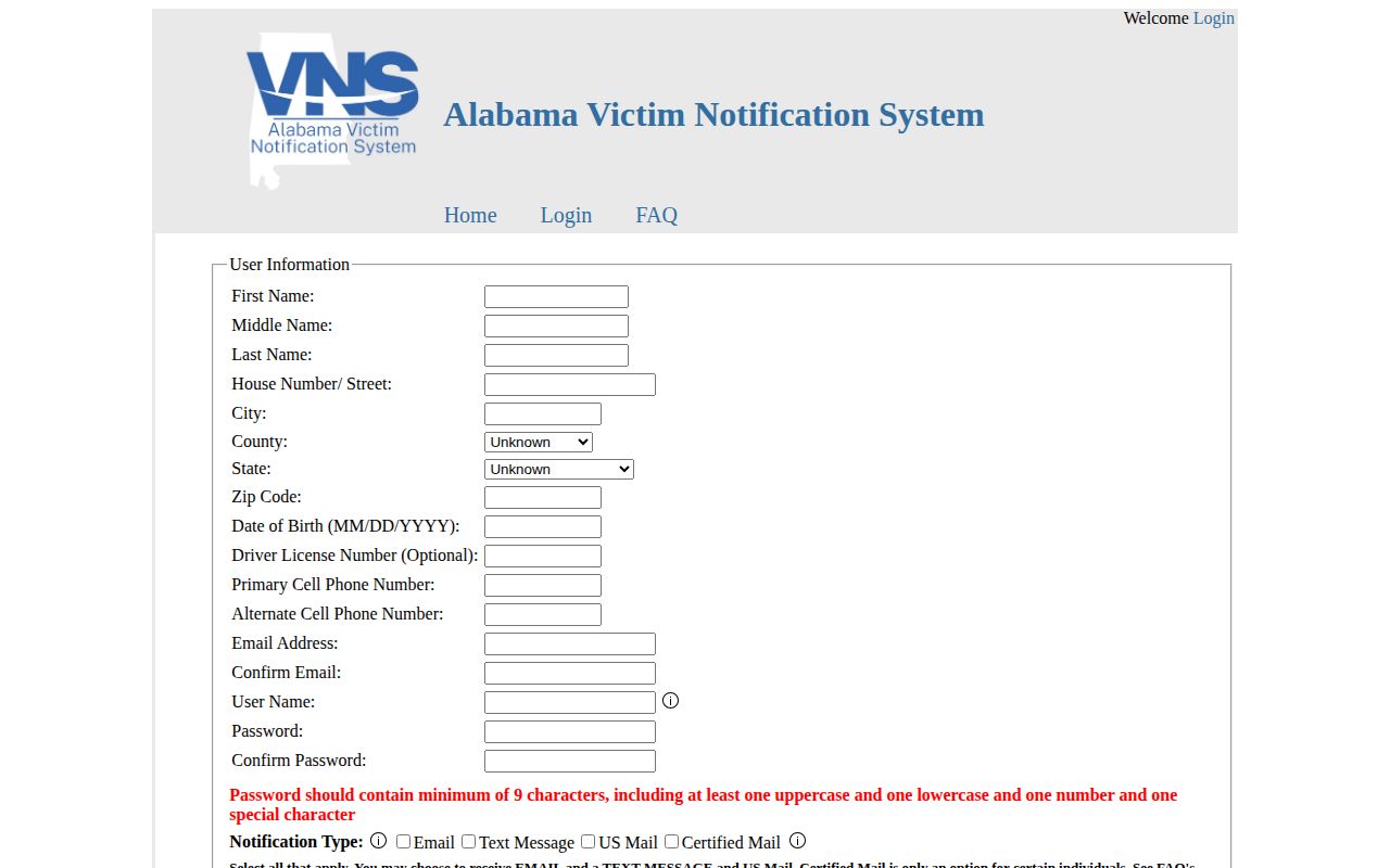 Alabama VNS alert registration for eligible Marengo County state custody cases