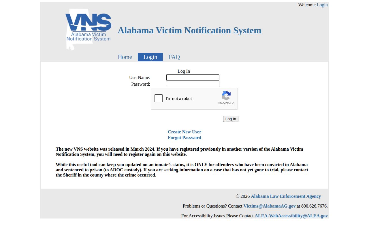 Alabama VNS custody limitation for a Marengo County VINELink inmate check